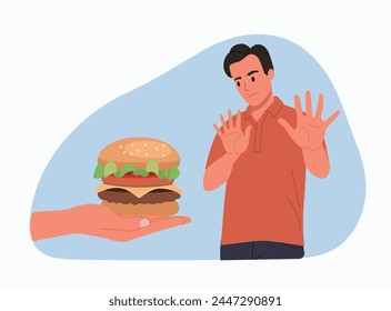 Young man showing a negative gesture and stop to the fast food. Burger on hand. Vector cartoon flat style illustration