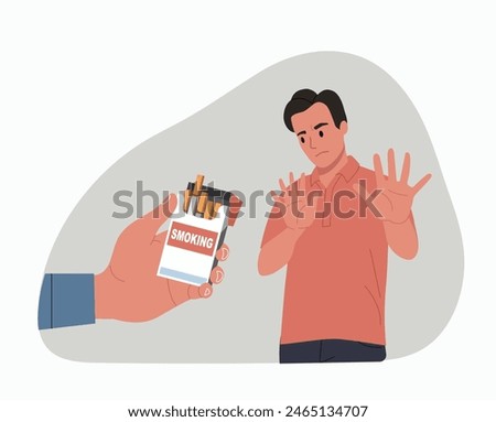 Young man showing a negative gesture and stop to the smoking. Cigarette pack on hand. Vector cartoon flat style illustration