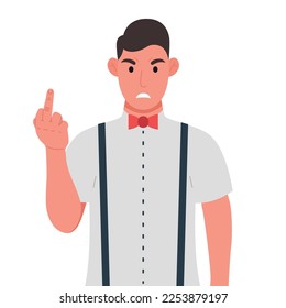 Joven mostrando dedos medios. Gesto obsceno. Ilustración vectorial.