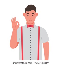 Young man showing ok gesture. The happy man expresses his positive emotions. Vector illustration.