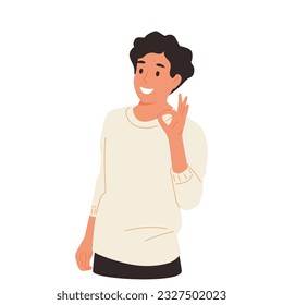 Young man showing OK sign, smiling and confident. Hand drawn in thin line style, vector illustration.