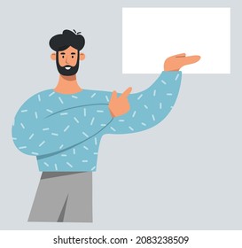 Young man showing on white board, poster, banner. Business presentation, sale offer or advertising concept.  Flat vector illustration.