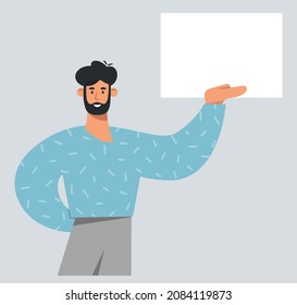 Young man showing on white board, poster, banner. Business presentation, sale offer or advertising concept.  Flat vector illustration.