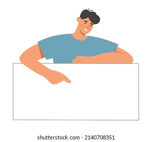 Young man showing on a white board, poster, banner. Business presentation, sale offer or advertising concept.  Flat vector illustration on white background.