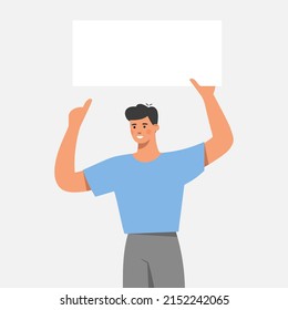 Young man showing on a white board, poster, banner. Business presentation, sale offer or advertising concept.  Flat vector illustration.