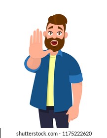 Young man showing palm as stop sign,stay, hold or rejection gesture. 
Emotion and body language concept in cartoon style vector illustration.