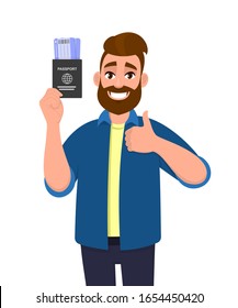 Young man showing passport tickets and gesturing thumbs up sign. Trendy hipster person holding boarding pass. Travel and tourism concept. Male character design illustration. Cartoon in vector style.