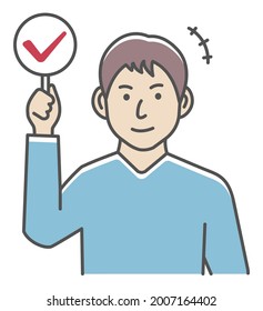 Young man showing placards illustration ( checkmark )