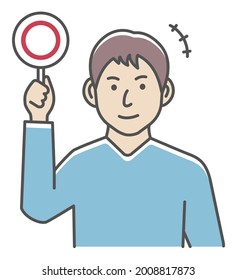 Young man showing placards illustration ( empty mark | OK mark in Japan )