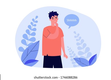 Young man showing shh or stop talking gesture, keeping secret and conspiracy. Flat vector illustration for silence, keeping quiet, secrecy concept svg