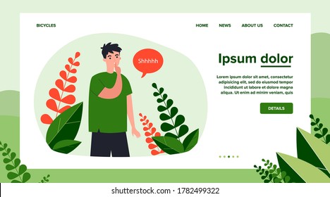 Young man showing shh or stop talking gesture, keeping secret and conspiracy. Flat vector illustration for silence, keeping quiet, secrecy concept