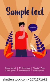 Young man showing shh or stop talking gesture, keeping secret and conspiracy. Flat vector illustration for silence, keeping quiet, secrecy concept