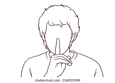 Young Man Showing Silent Gesture. Privacy Concept. Hand Drawn Style Vector Illustration