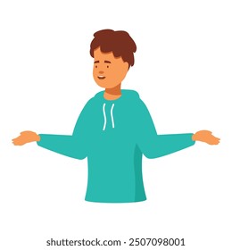 Young man showing something with hands open wearing a green hoodie