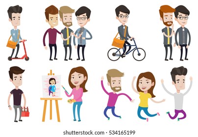 Young man showing something to his friends on his smartphone. Three happy caucasian friends looking at smartphone and laughing. Set of vector flat design illustrations isolated on white background.