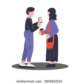 Young man showing something to woman on his smartphone. Vector illustration.