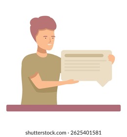 Young man is showing a speech bubble with text, promoting the concept of online communication
