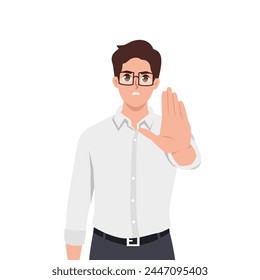 Young man showing stop gesture say no. Flat vector illustration isolated on white background