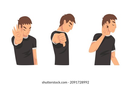 Young Man Showing Thumb Down and Stop Gesture with His Palm Hand Vector Set
