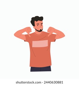 Young man showing thumbs down sign, dislike.Vector cartoon flat style illustration
