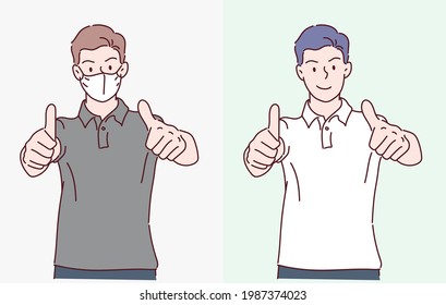 Young Man Showing Thumbs Up Positive Gesture With Hand. Confident Concept. Hand Drawn In Thin Line Style, Vector Illustrations. (A Mask Can Be Removable)