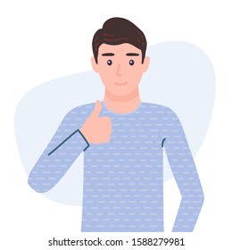 Young man showing thumbs up sign. Like, cool gesturing. Male personage agree, approve, accept, deal. Isolated vector illustration in cartoon flat style.