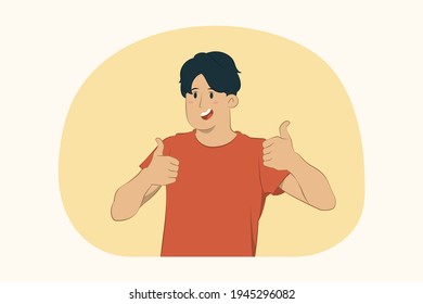 Young man showing thumbs up two hands concept