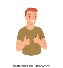 Joven mostrando sus pulgares hacia arriba, como. Cabello rojo, camiseta verde. Ilustración dibujada a mano por vectores. Estilo de caricatura, diseño plano.