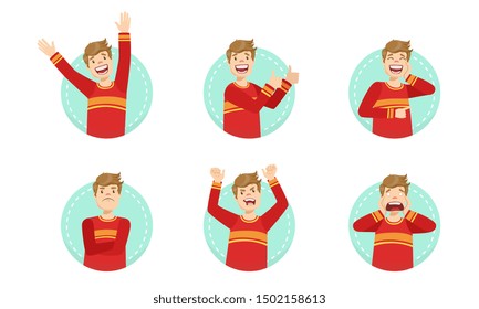Young Man Showing Various Gestures and Facial Emotions Set Vector Illustration