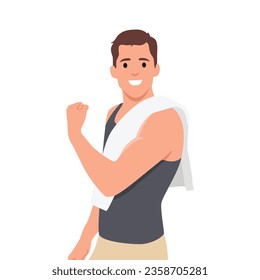 Young man shows developed muscles of the torso and shoulder girdle. Flexing his muscle with towel on his shoulder. Flat vector illustration isolated on white background