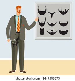 Young man shows different types of beards. Tells about hairstyles, beards and care for them. Vector illustration