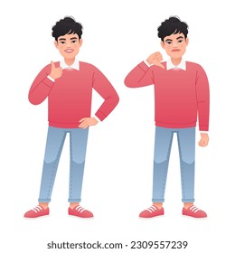 El joven muestra un gesto de aprobación y desaprobación. Me gusta y no le gusta. Bueno y malo. Ilustración vectorial en estilo de caricatura sobre fondo blanco.