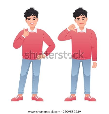 The young man shows a gesture of approval and disapproval. Likes and dislikes. Good and bad. Vector illustration in cartoon style on a white background.