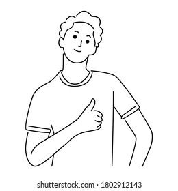 Young man shows ok sign. Vector line art illustration