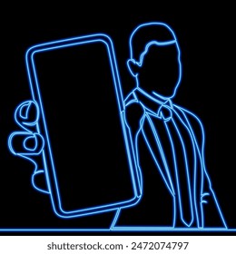 Young man shows phone screen for advertising, presentation information, empty display icon neon glow vector illustration concept