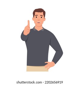 Young man shows thumb up. Gesture cool. Flat vector illustration isolated on white background