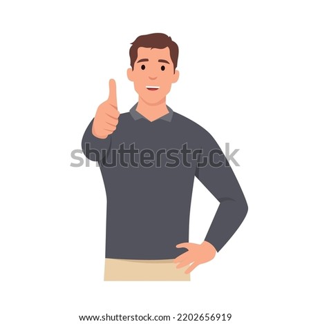 Young man shows thumb up. Gesture cool. Flat vector illustration isolated on white background