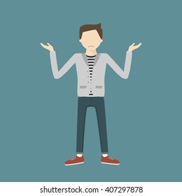 The young man shrugs sadly. A young man gesturing with open arms. Vector flat design illustration isolated. Loser. Tired, upset person