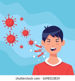 young man sick coughing with covid19 symptom vector illustration design