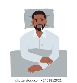Young man sick laying in bed with fever. Sick man measuring temperature with a thermometer in mouth. Flat vector illustration isolated on white background