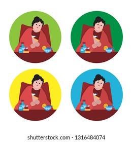 The young man is sick and sits with a thermometer. A cup of fragrant tea and lemon, medicine in bottles and pill boxes.