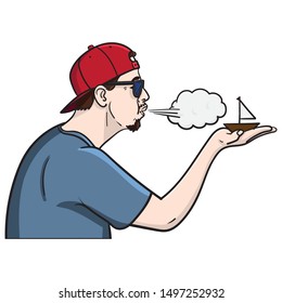 young man from the side with red cap holding a small boat in hand and blowing it on. illustration, comic.