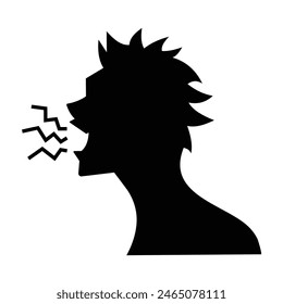Young man silhouette face profile shouting icon sign illustration shadow isolated on square white background. Simple flat cartoon art styled drawing for poster prints.