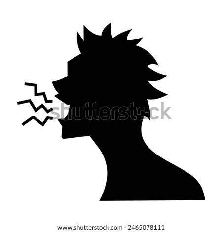 Young man silhouette face profile shouting icon sign illustration shadow isolated on square white background. Simple flat cartoon art styled drawing for poster prints.