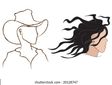 young man silhouette with hat and girl on the wind