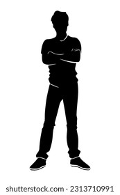 Young man silhouette with his arms crossed wearing casual clothes isolated on white background