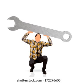 young man silhouette holding a big wrench