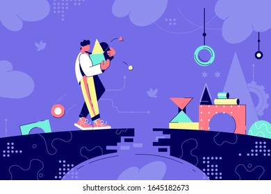 Young man silhouette moving box run into difficulties on bridge. Concept male character with carries things of geometric figures, destroyed road. Vector illustration.