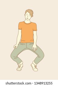 A young man in a silly pose shows tongue. Boy fooling around on april fool's day. Funny male character. Sketch of people in line art style in soft tone.