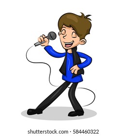 young man singer with microphone in blue shirt
